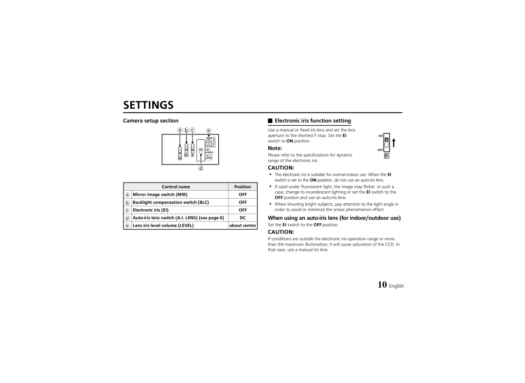 Fisher VCB-3424 instruction manual Settings, Camera setup section, Electronic iris function setting 