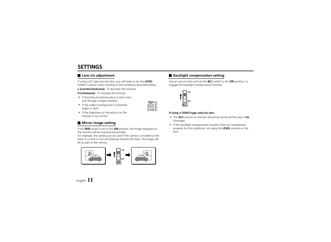 Fisher VCB-3424 Settings, Lens iris adjustment, Backlight compensation setting, Mirror image setting, Average 