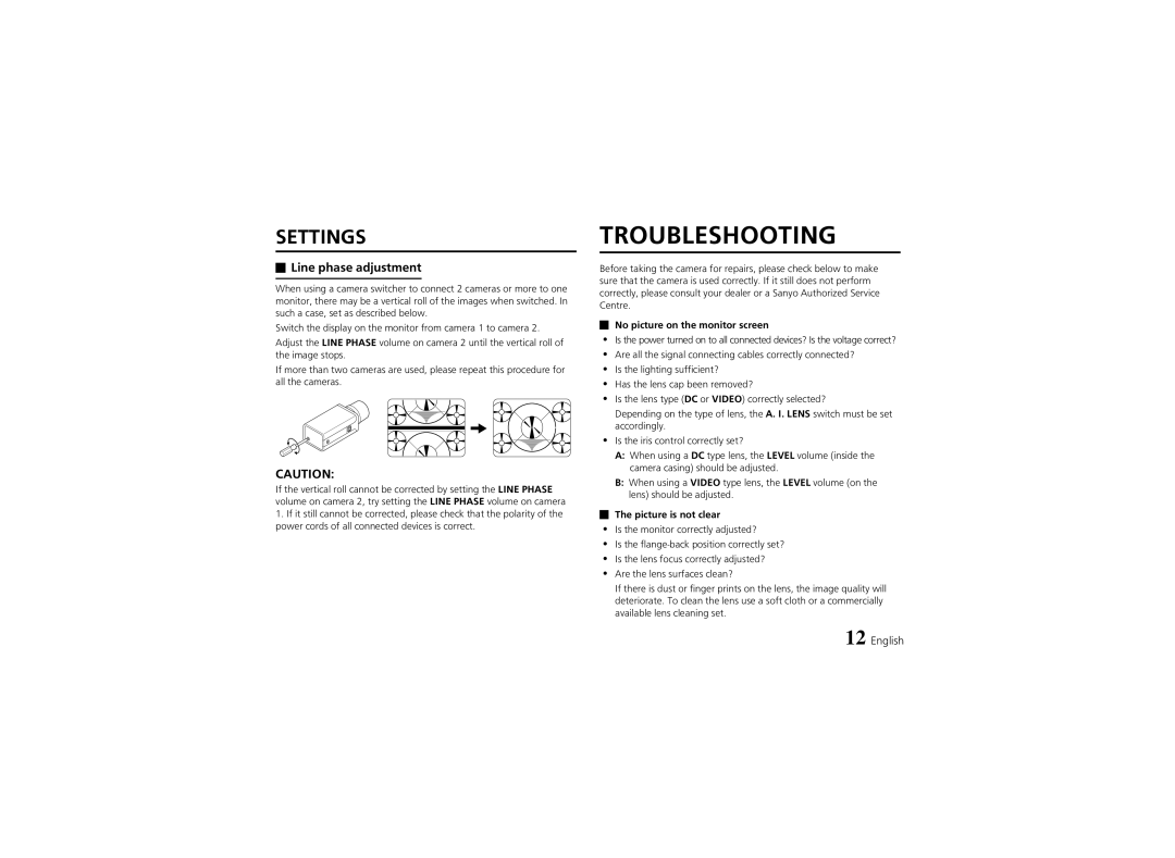 Fisher VCB-3424 Troubleshooting, Line phase adjustment, No picture on the monitor screen, Picture is not clear 