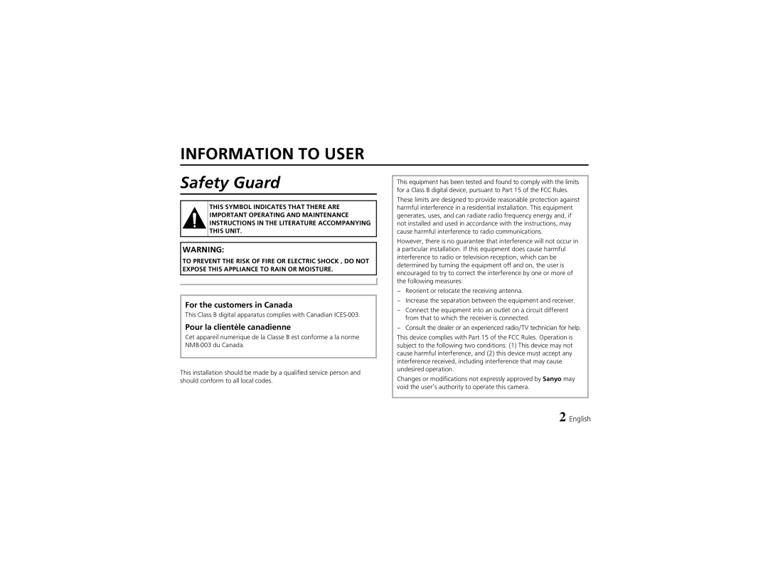 Fisher VCB-3424 instruction manual Information to User, For the customers in Canada, Pour la clientèle canadienne 