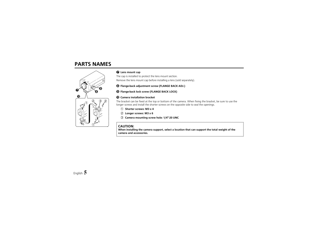 Fisher VCB-3424 instruction manual Parts Names, Lens mount cap 