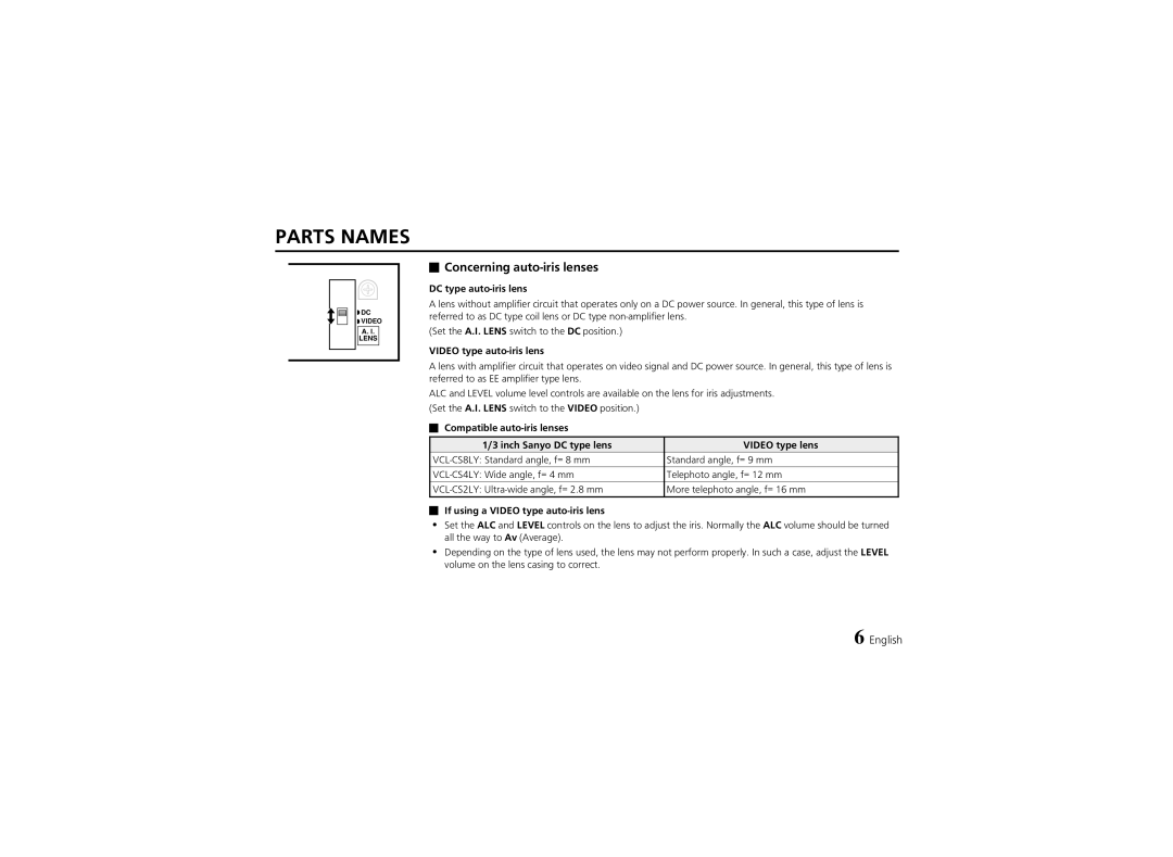 Fisher VCB-3424 instruction manual Concerning auto-iris lenses, DC type auto-iris lens, Video type auto-iris lens 