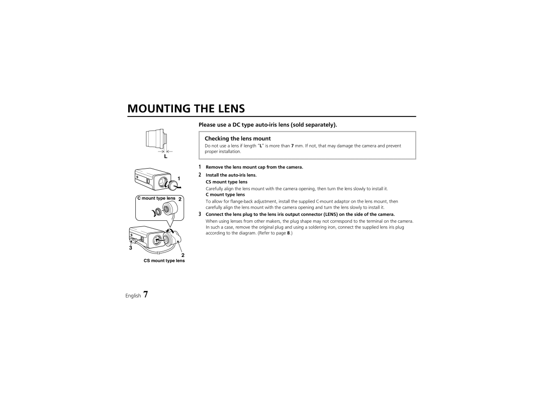 Fisher VCB-3424 instruction manual Mounting the Lens, Remove the lens mount cap from the camera, Mount type lens 