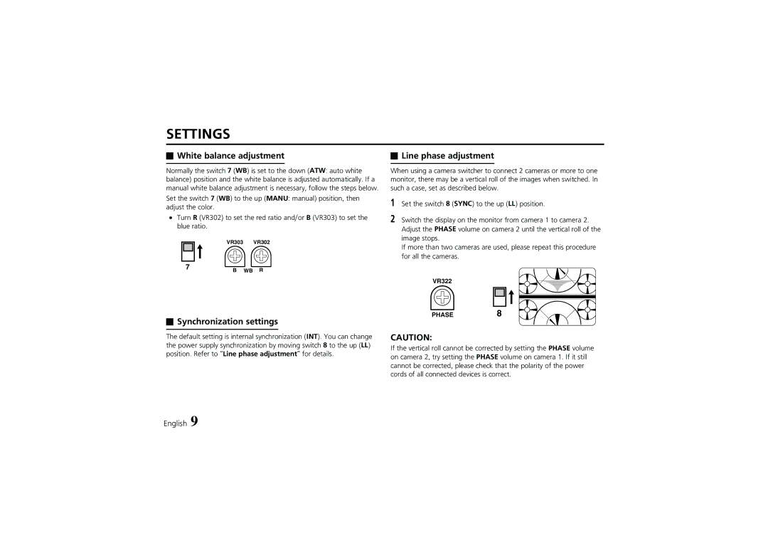 Fisher VDC-D2184VA, VDC-D1184VA instruction manual White balance adjustment, Synchronization settings, Line phase adjustment 