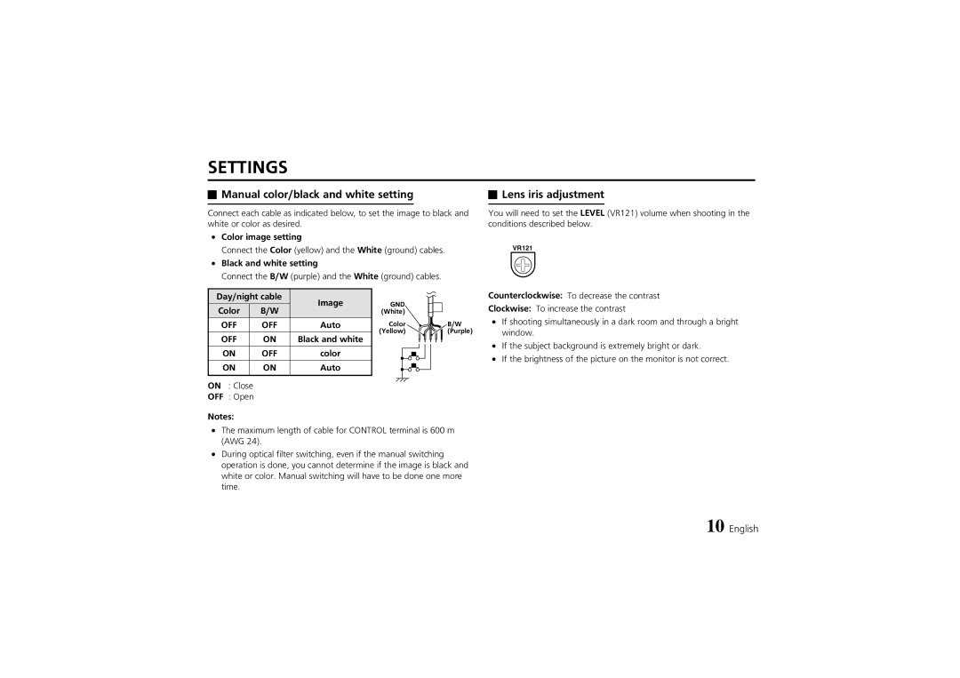 Fisher VDC-D1184VA Manual color/black and white setting, Lens iris adjustment, Color image setting, Day/night cable 