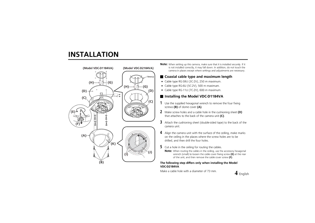 Fisher VDC-D2184VA Installation, Coaxial cable type and maximum length, Installing the Model VDC-D1184VA 