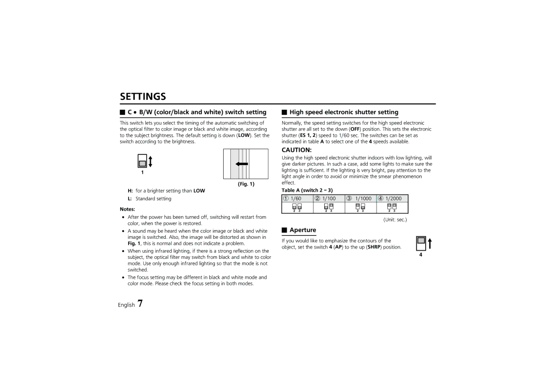 Fisher VDC-D2184VA, VDC-D1184VA W color/black and white switch setting, High speed electronic shutter setting, Aperture 