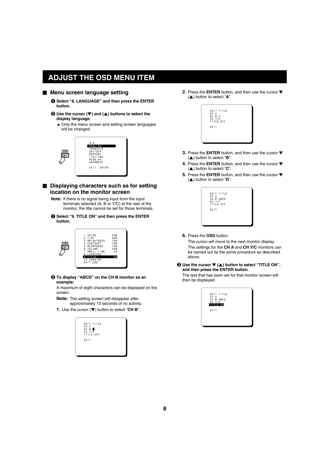 Fisher VMC-8614F instruction manual Menu screen language setting, Select 9. Title on and then press the Enter button 