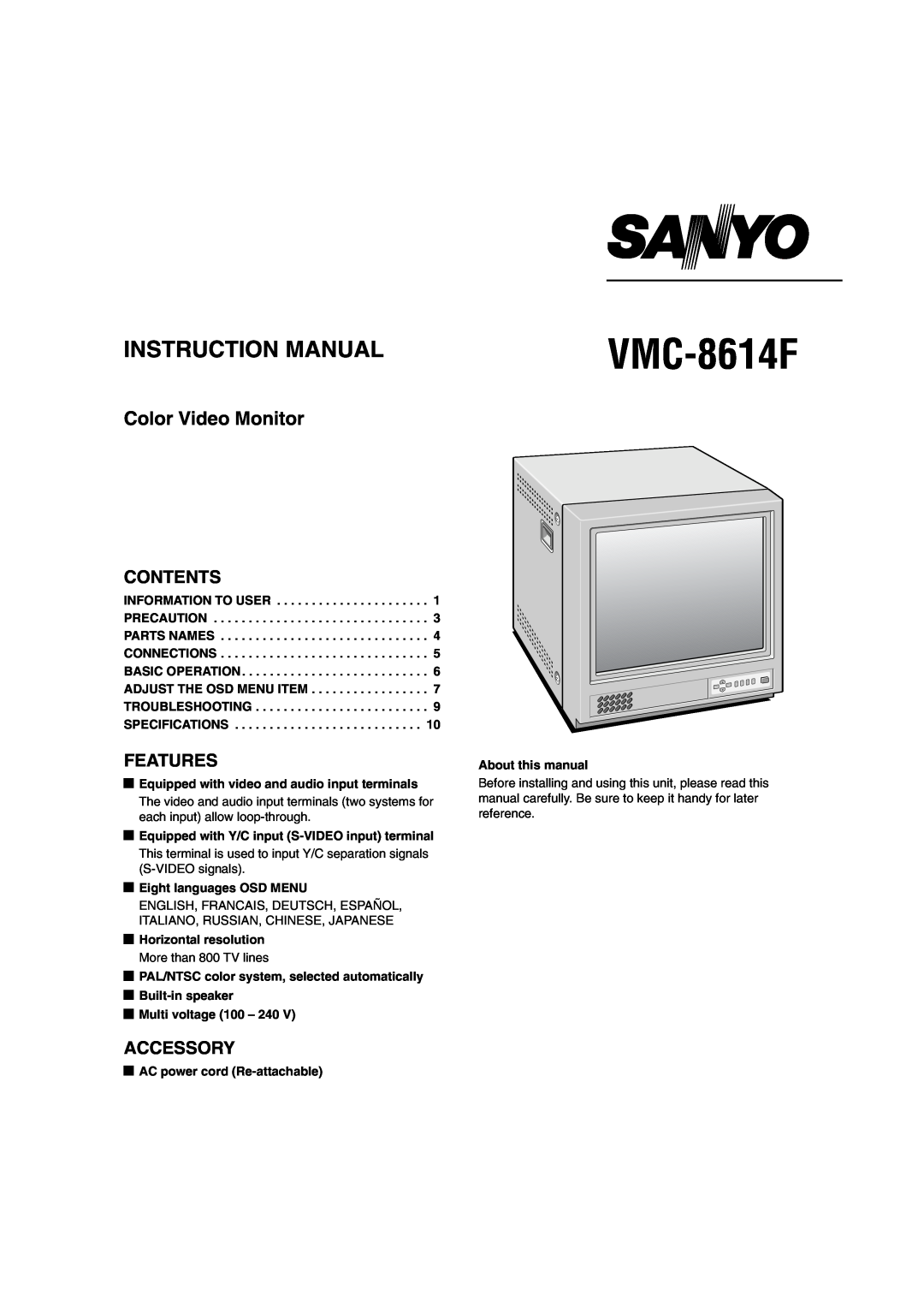 Fisher VMC-8614F instruction manual Equipped with video and audio input terminals, Eight languages OSD MENU, Contents 