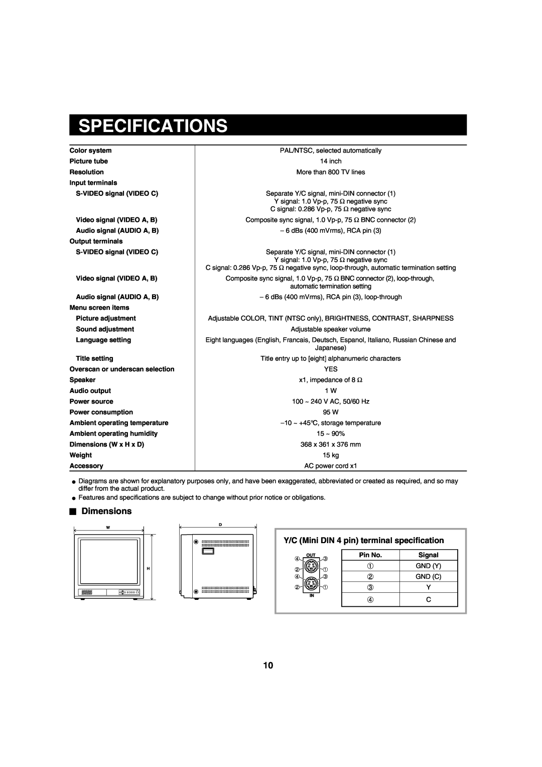 Fisher VMC-8614F instruction manual Specifications, Dimensions, Y/C Mini DIN 4 pin terminal specification 