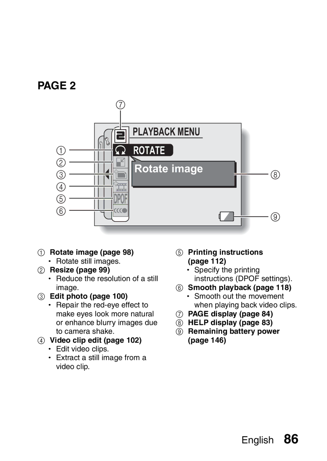 Fisher VPC-CG6GX Rotate image, Resize, Edit photo, Video clip edit page 102 h Edit video clips, Printing instructions 