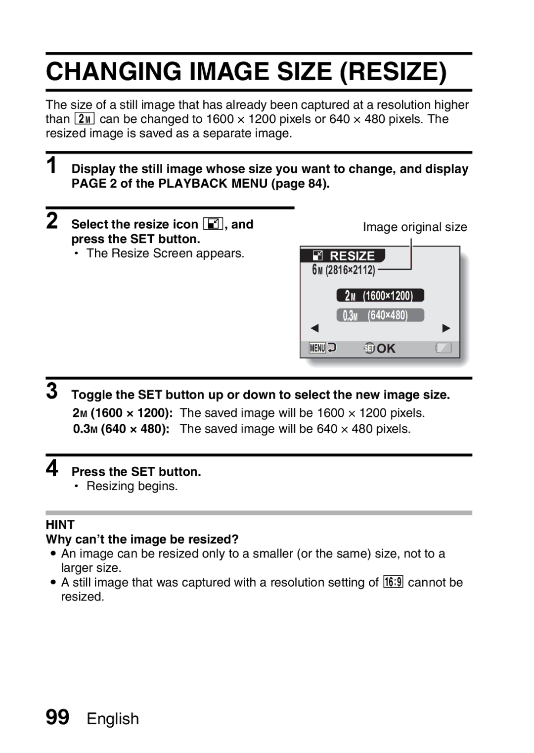 Fisher VPC-CG6EX, VPC-CG6GX Changing Image Size Resize, Select the resize icon I, and press the SET button 