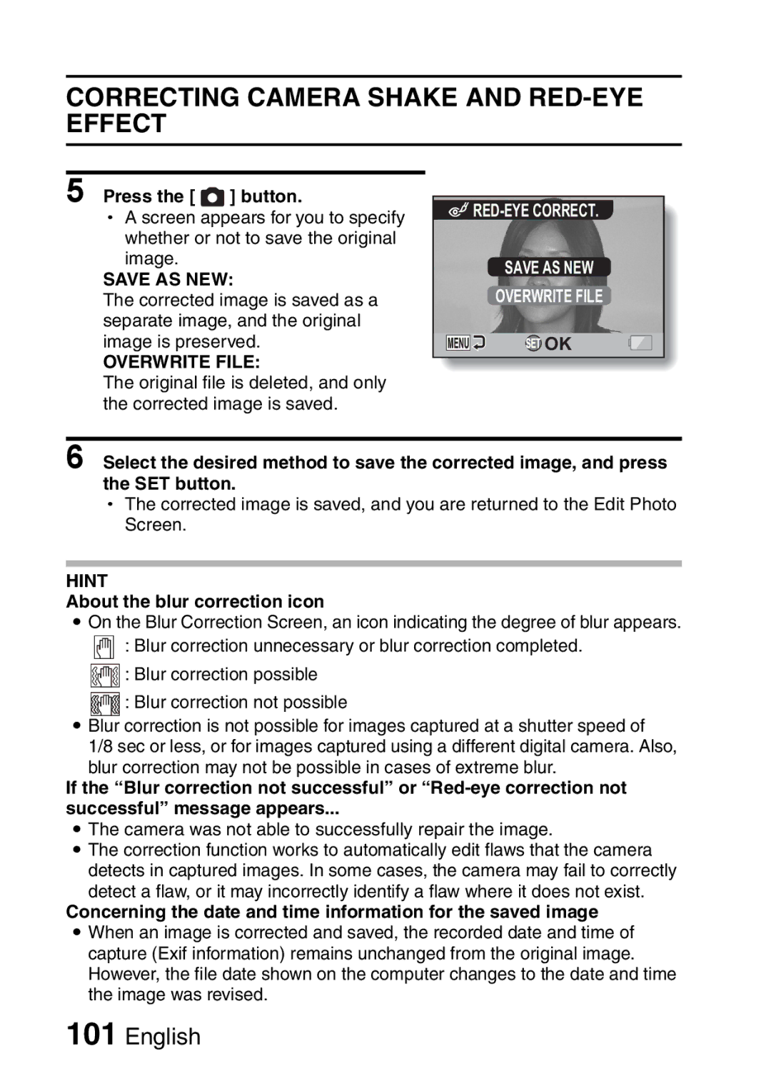 Fisher VPC-CG6GX Correcting Camera Shake and RED-EYE Effect, Save AS NEW, Overwrite File, About the blur correction icon 