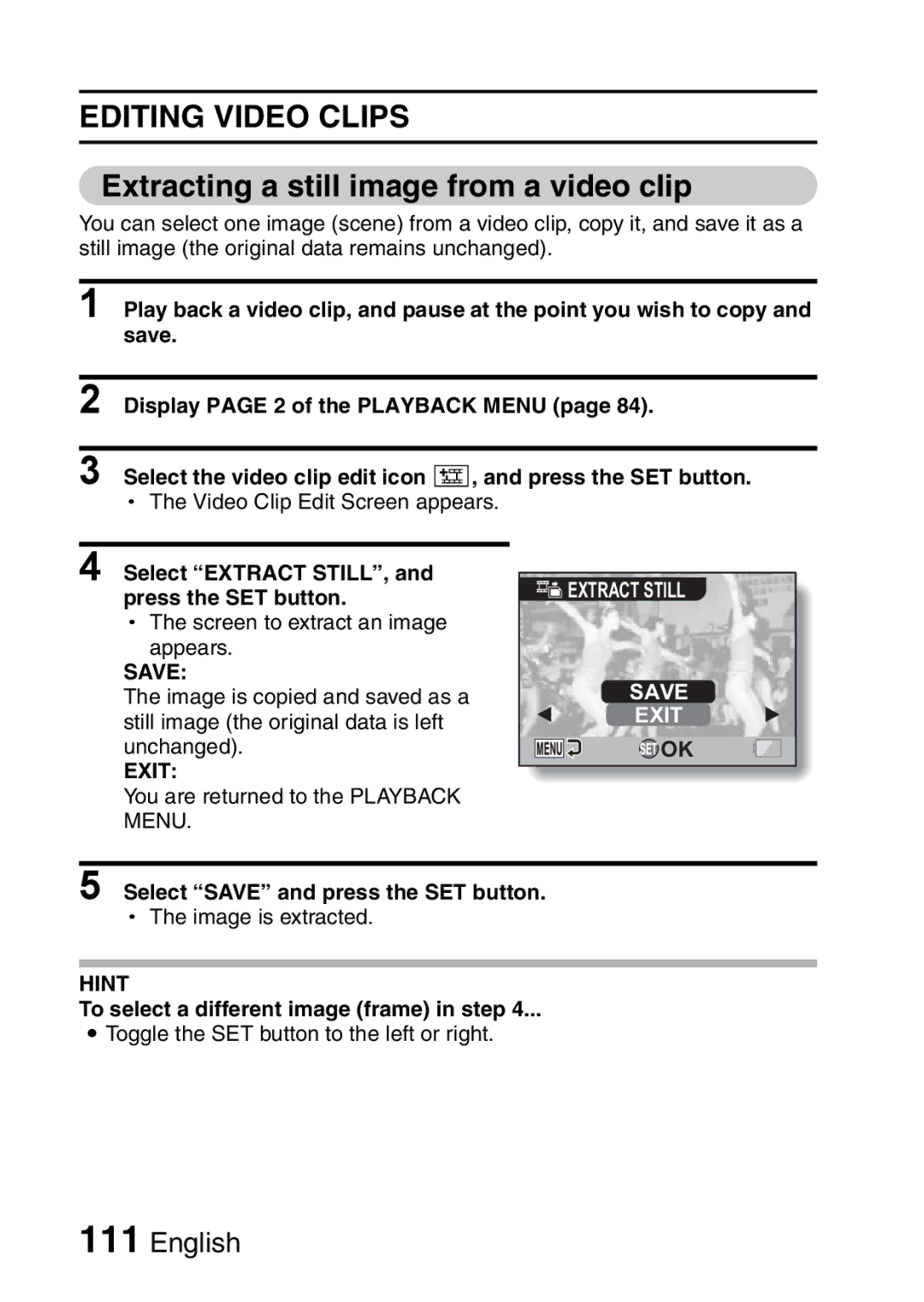 Fisher VPC-CG6EX, VPC-CG6GX instruction manual Extracting a still image from a video clip, Save 