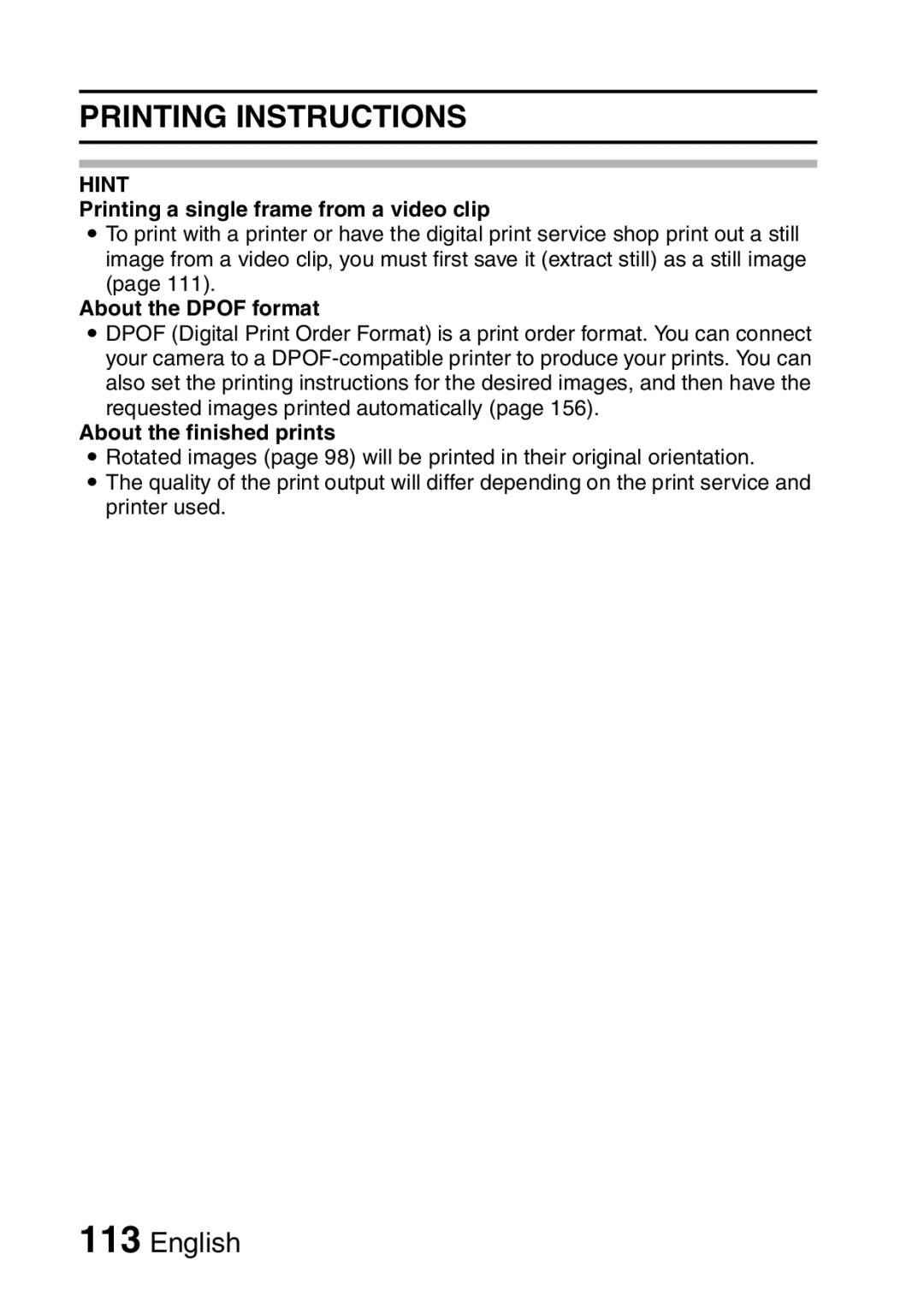 Fisher VPC-CG6GX, VPC-CG6EX Printing Instructions, Printing a single frame from a video clip, About the Dpof format 