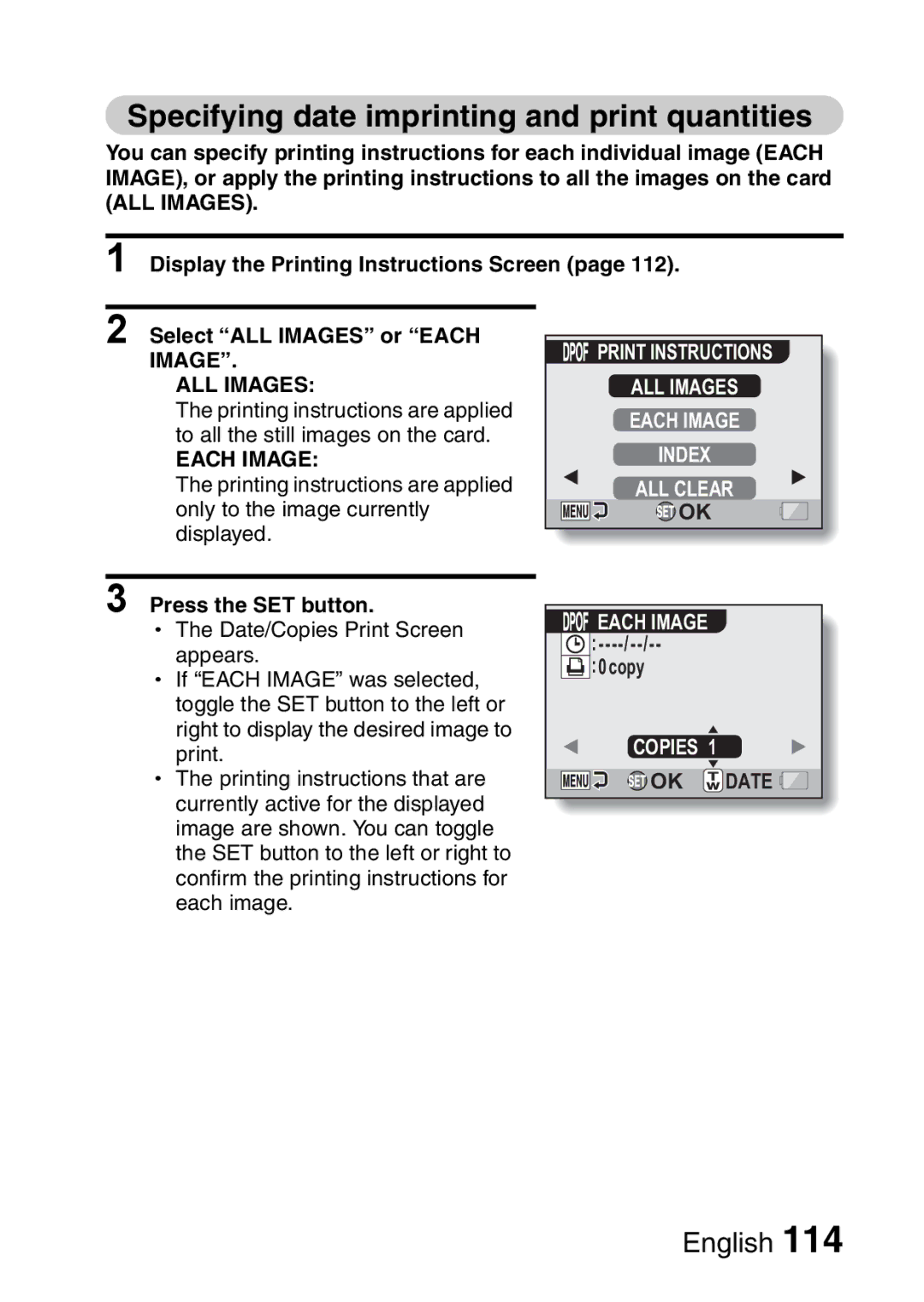 Fisher VPC-CG6EX, VPC-CG6GX instruction manual Specifying date imprinting and print quantities, Each Image, Copies 