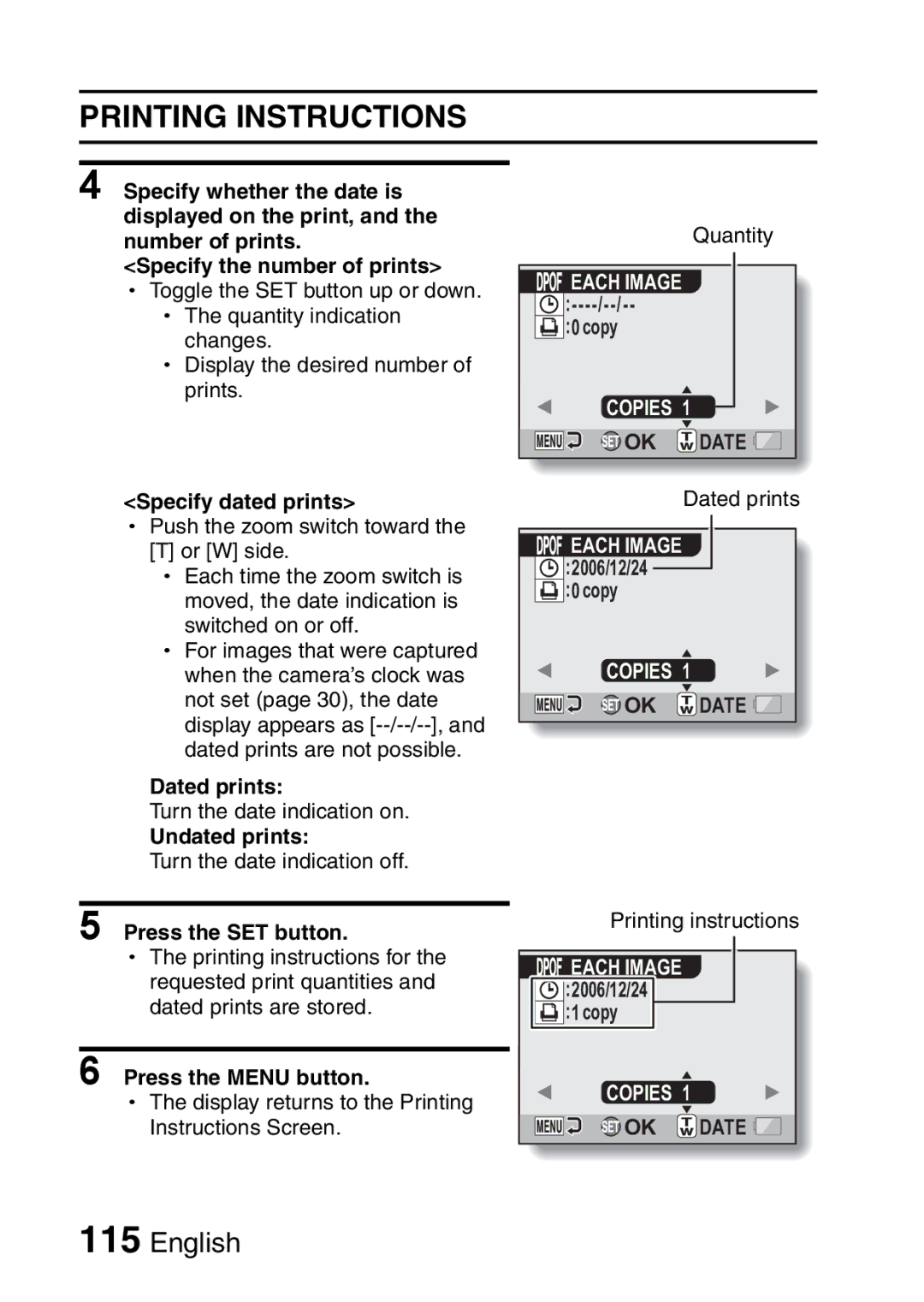 Fisher VPC-CG6EX, VPC-CG6GX instruction manual Specify dated prints, Dated prints, Undated prints 