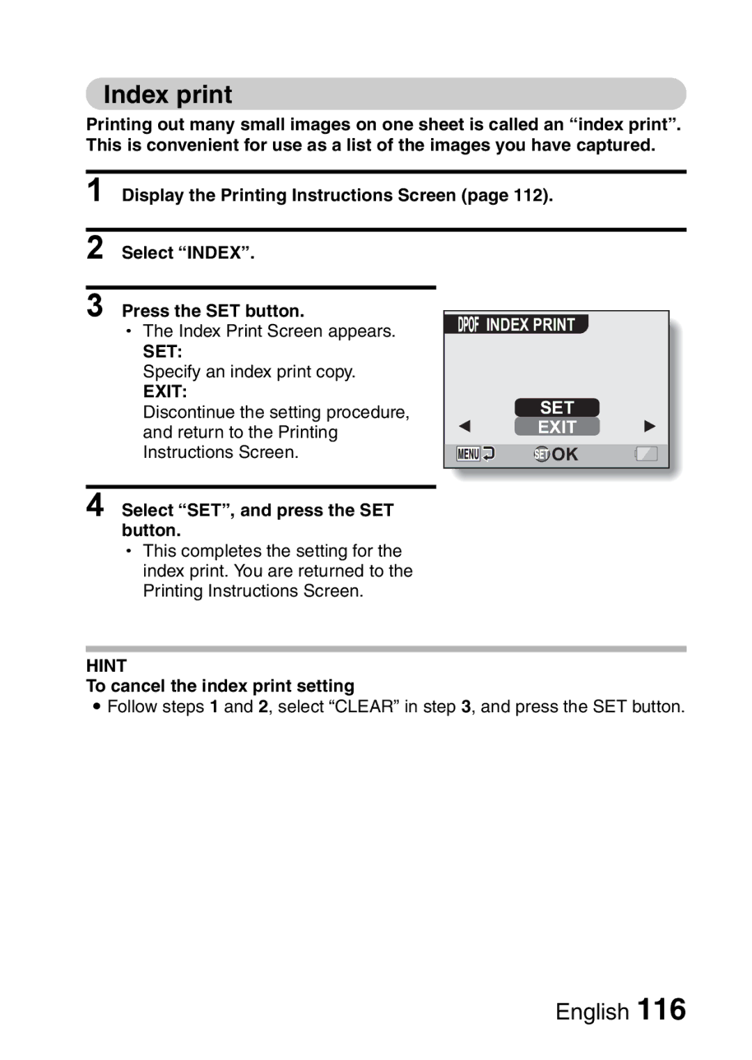 Fisher VPC-CG6GX, VPC-CG6EX Index print, Set, Select SET, and press the SET button, To cancel the index print setting 