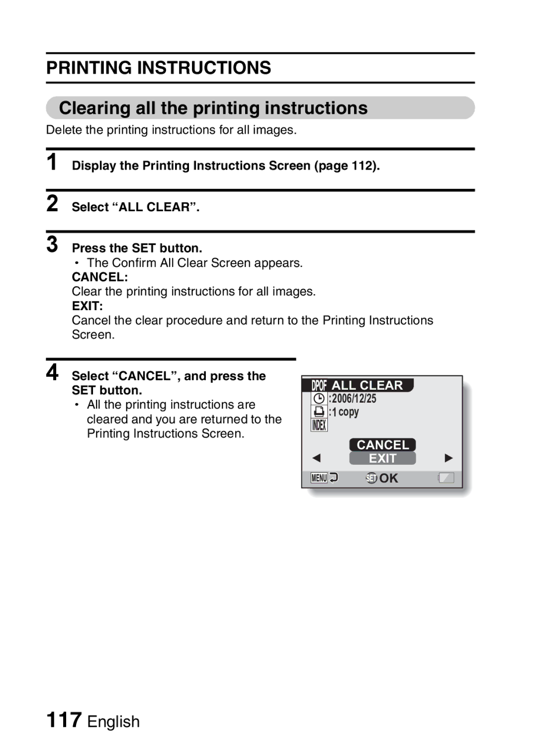 Fisher VPC-CG6 Clearing all the printing instructions, Cancel, Select CANCEL, and press the SET button, ALL Clear 