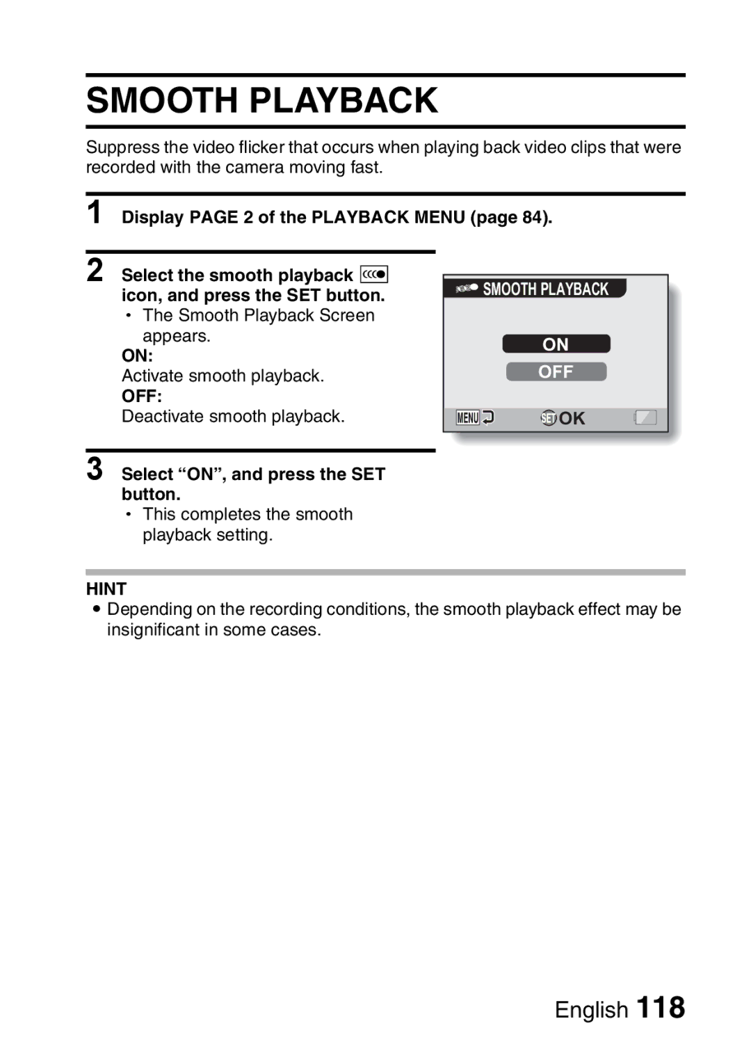 Fisher VPC-CG6EX, VPC-CG6GX instruction manual Smooth Playback, Off, Select ON, and press the SET button 