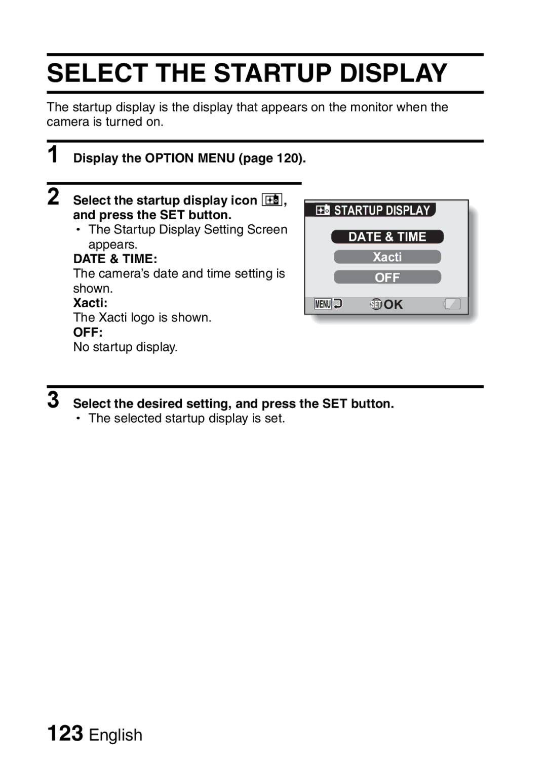 Fisher VPC-CG6EX, VPC-CG6GX instruction manual Select the Startup Display, Xacti, Date & Time 