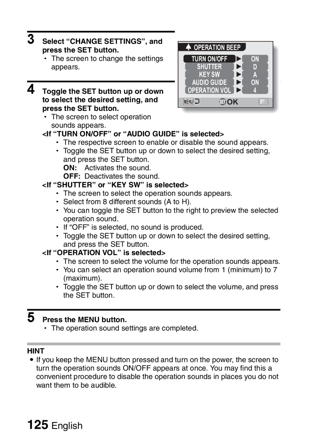 Fisher VPC-CG6GX If Turn ON/OFF or Audio Guide is selected, If Shutter or KEY SW is selected, If Operation VOL is selected 