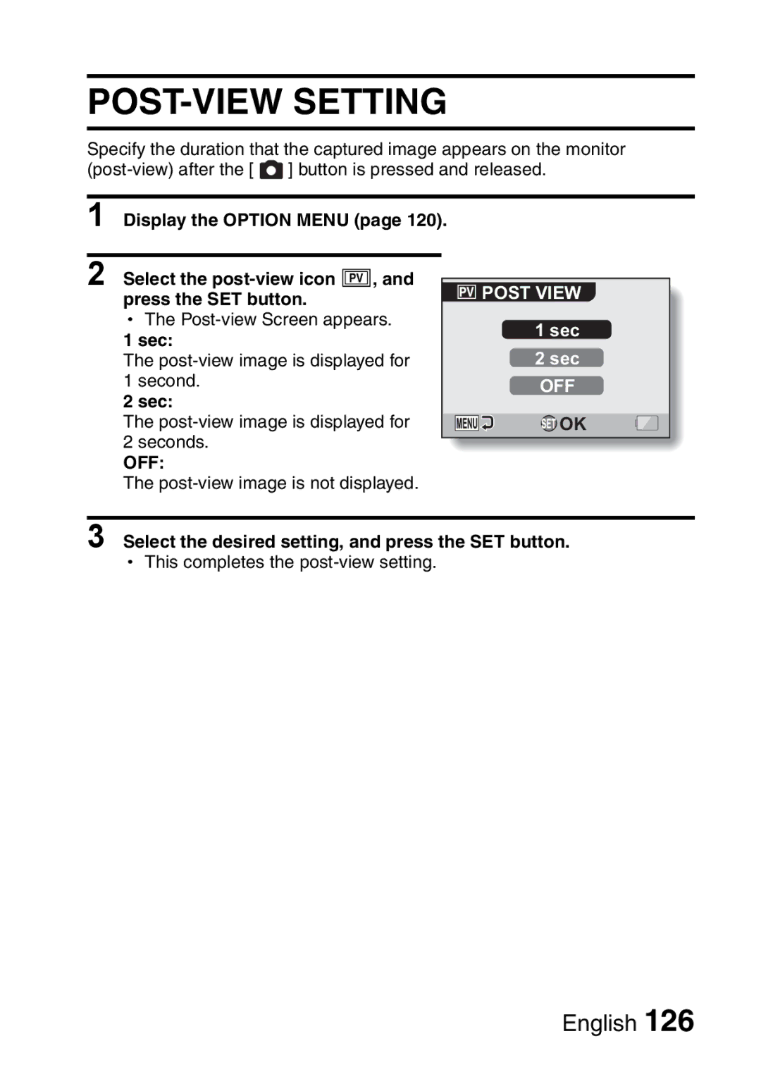 Fisher VPC-CG6EX, VPC-CG6GX POST-VIEW Setting, Display the Option Menu Select the post-view icon o, Post View, Sec 