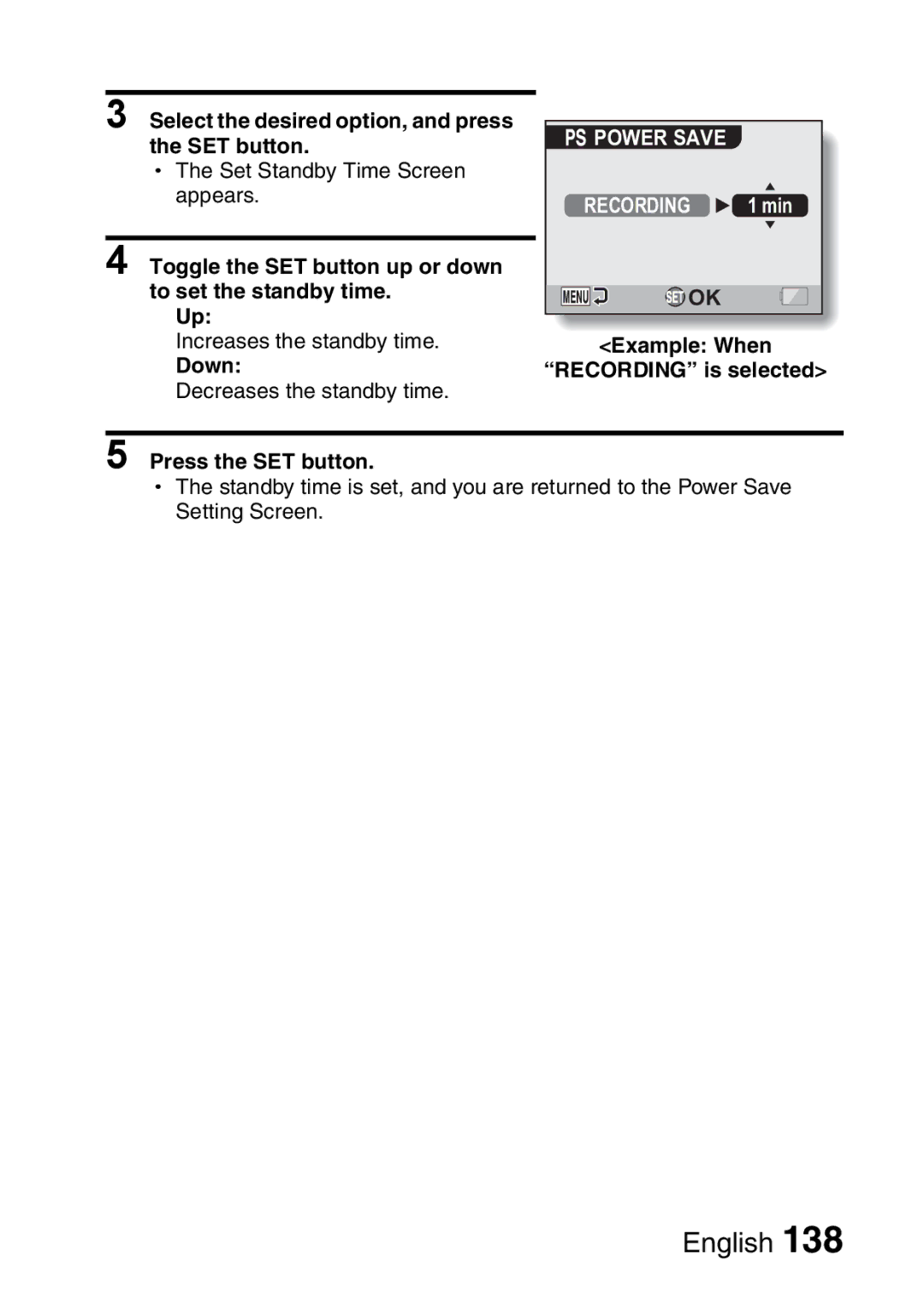 Fisher VPC-CG6EX, VPC-CG6GX Select the desired option, and press, SET button Set Standby Time Screen Appears, Recording 