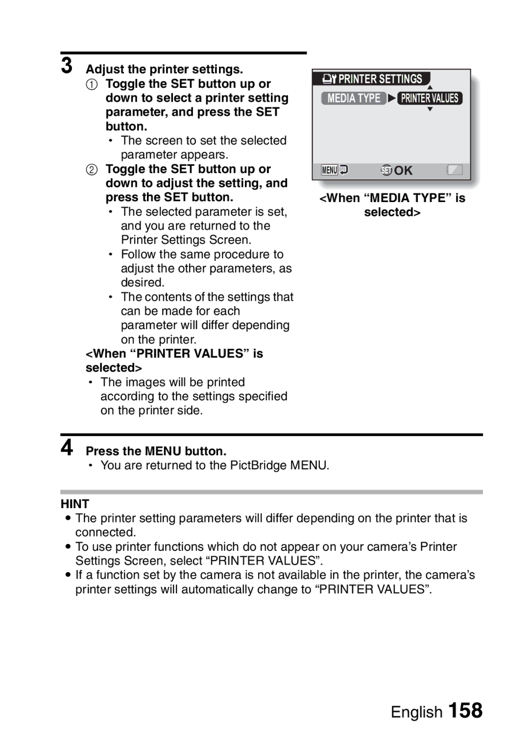 Fisher VPC-CG6GX, VPC-CG6EX instruction manual When Printer Values is selected, When Media Type is, Selected 