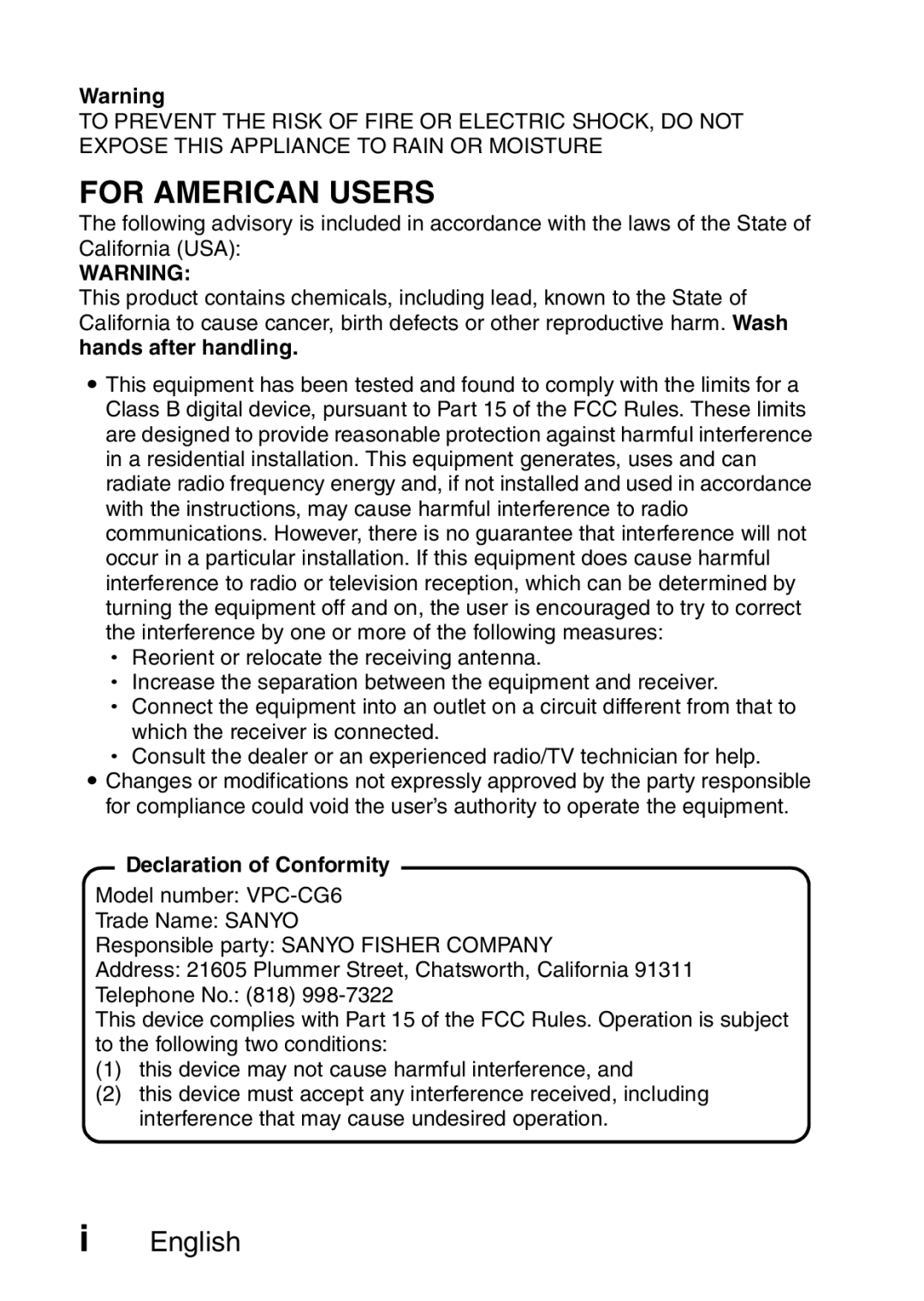 Fisher VPC-CG6EX, VPC-CG6GX instruction manual For American Users, Declaration of Conformity 