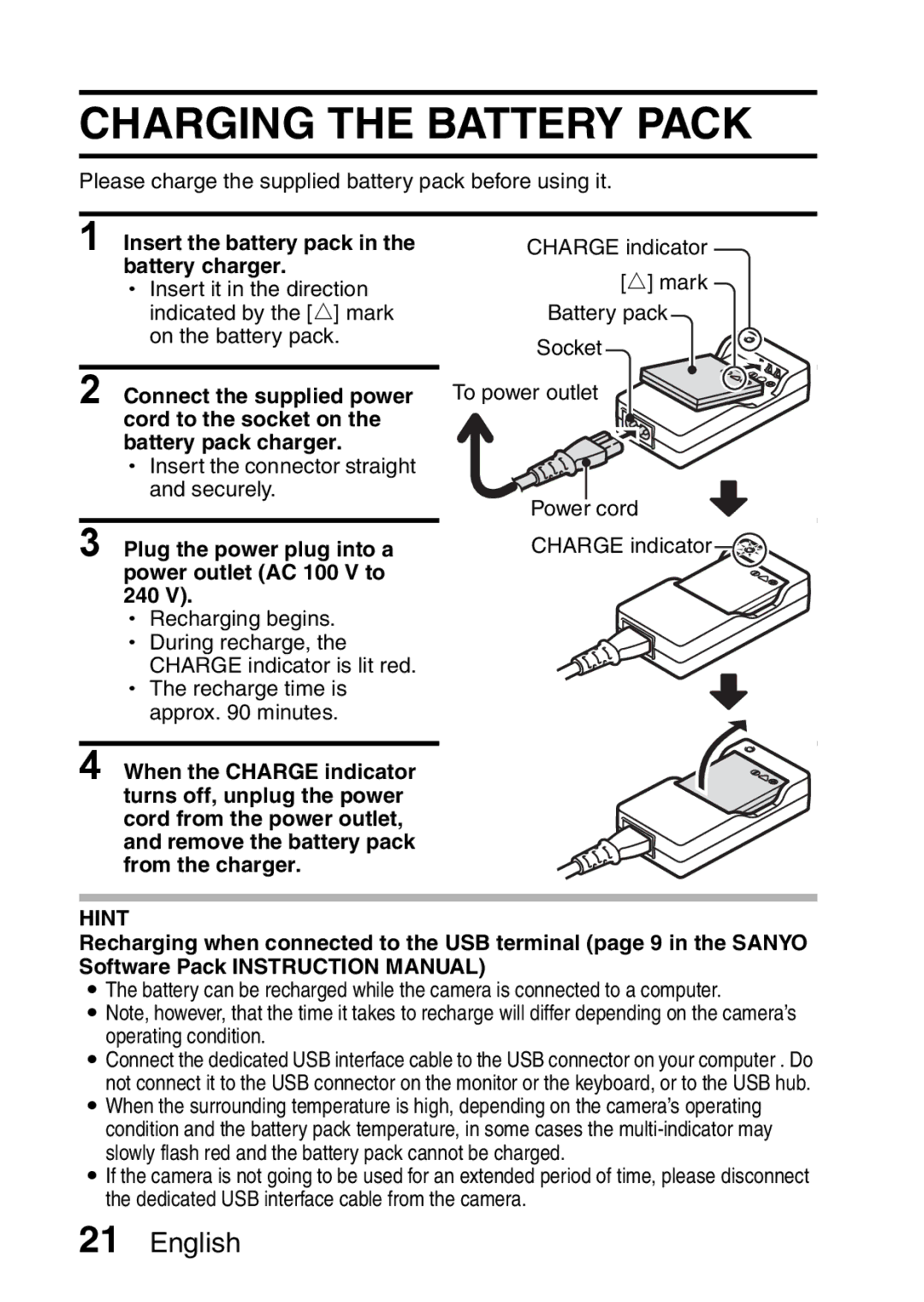 Fisher VPC-CG6EX, VPC-CG6GX instruction manual Charging the Battery Pack, Insert the battery pack in the battery charger 