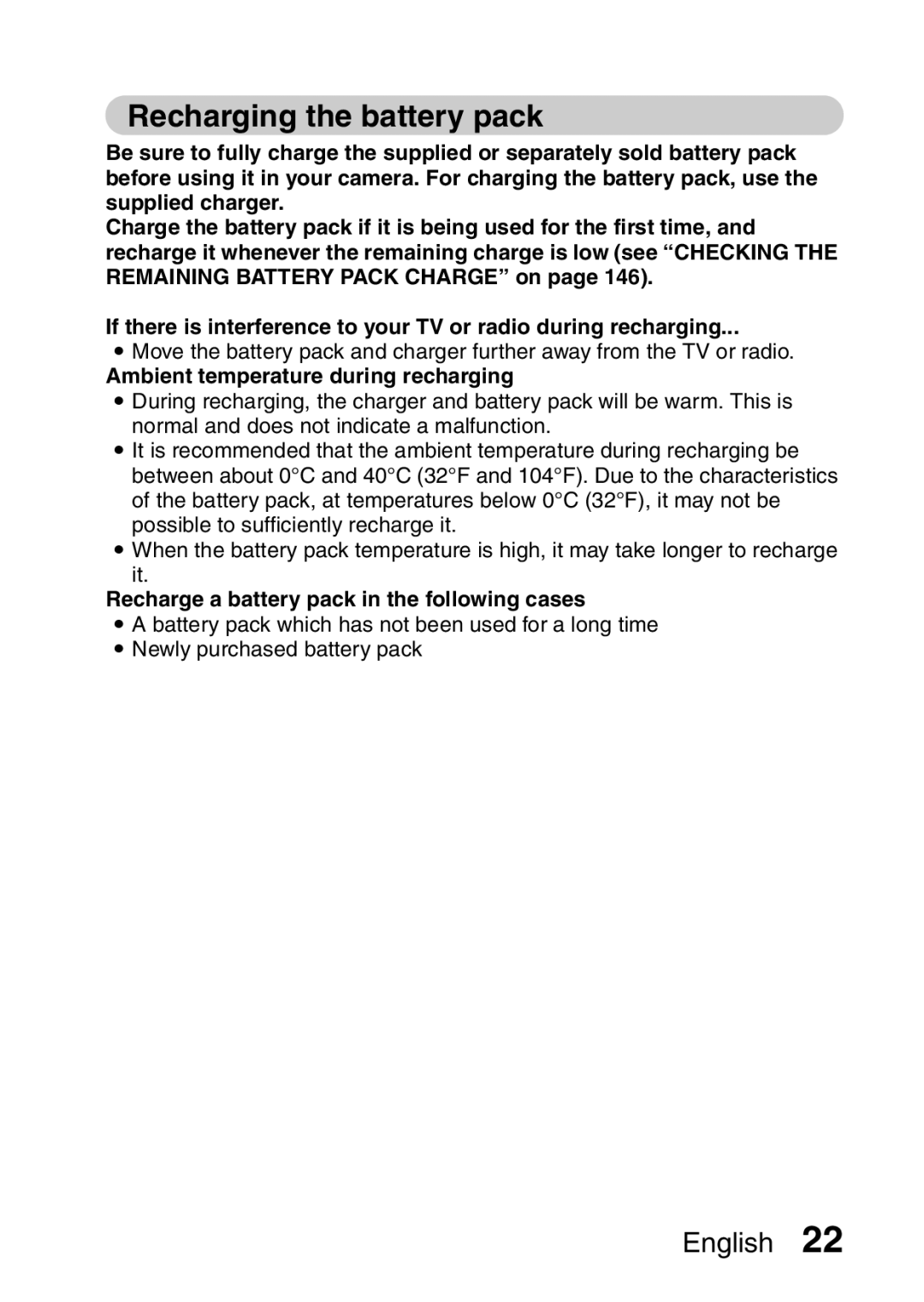 Fisher VPC-CG6EX, VPC-CG6GX instruction manual Recharging the battery pack, Ambient temperature during recharging 