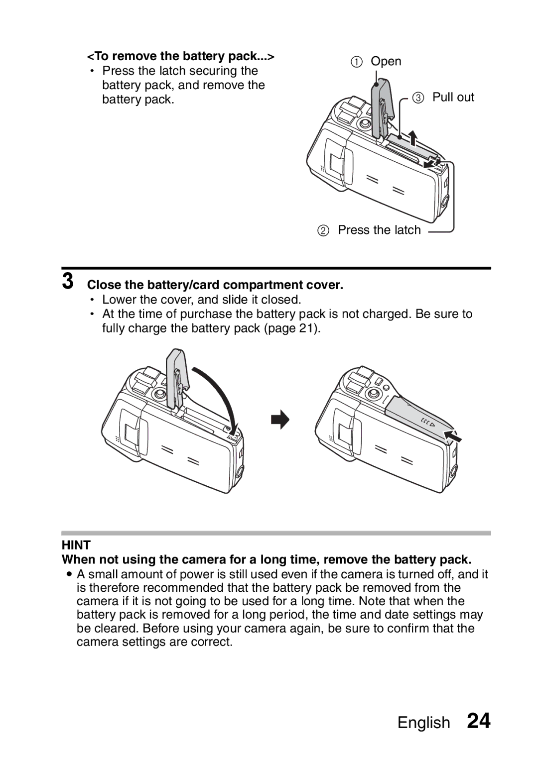 Fisher VPC-CG6EX, VPC-CG6GX instruction manual To remove the battery pack, Close the battery/card compartment cover 