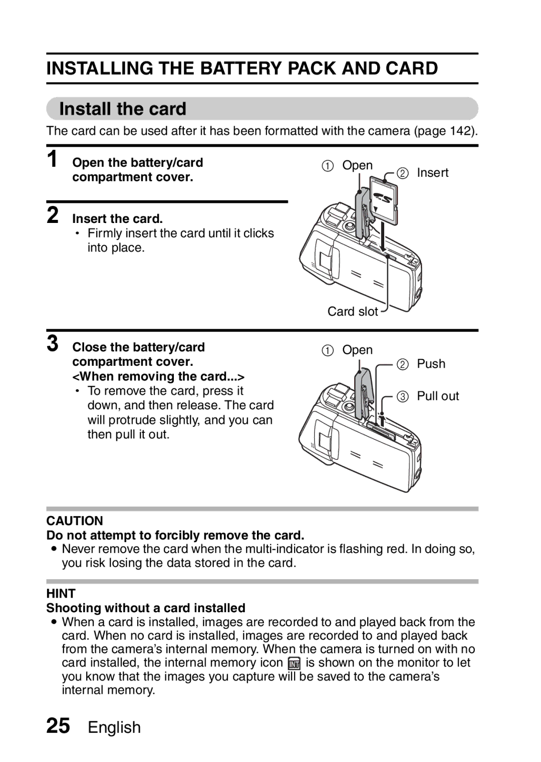 Fisher VPC-CG6EX, VPC-CG6GX instruction manual Installing the Battery Pack and Card, Install the card 