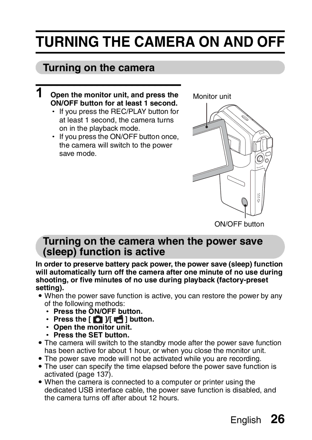 Fisher VPC-CG6GX, VPC-CG6EX instruction manual Turning the Camera on and OFF, Turning on the camera, Press the ON/OFF button 