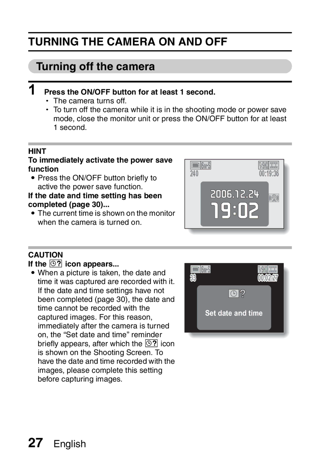 Fisher VPC-CG6EX, VPC-CG6GX instruction manual Turning the Camera on and OFF, Turning off the camera 