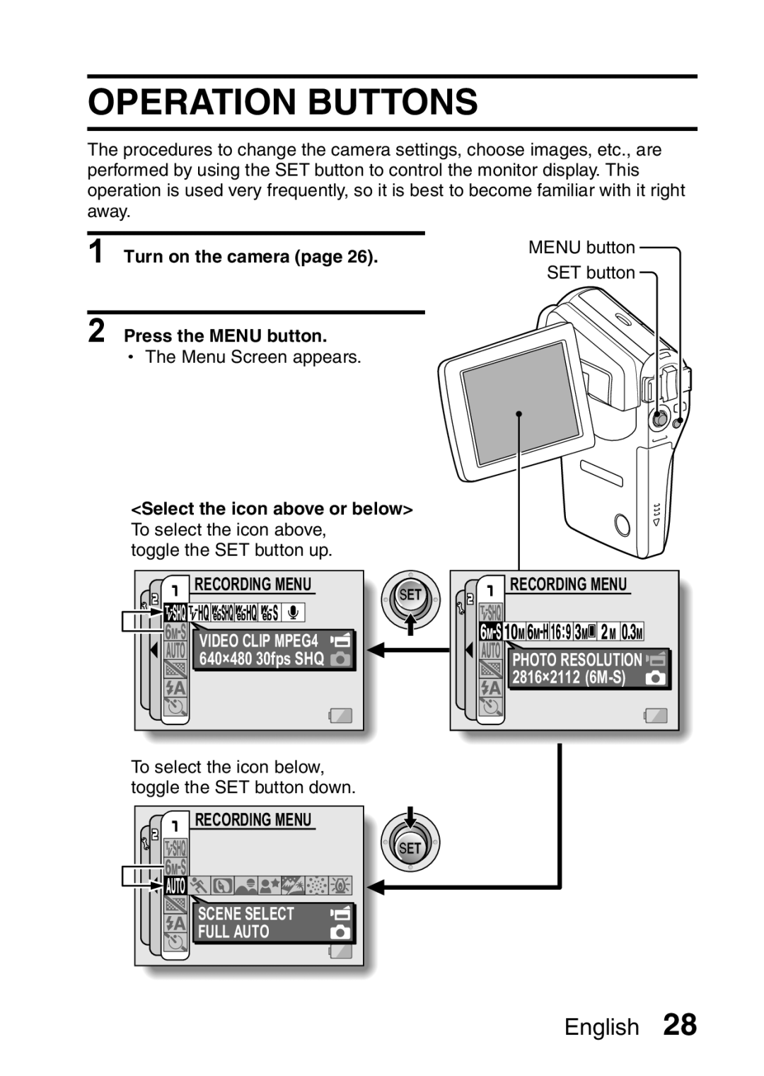 Fisher VPC-CG6EX, VPC-CG6GX instruction manual Operation Buttons, Turn on the camera Press the Menu button 