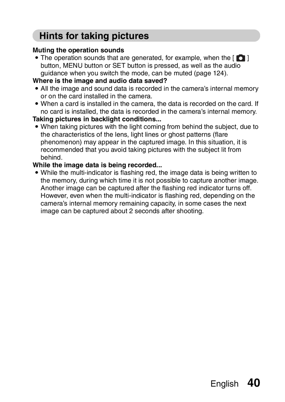 Fisher VPC-CG6EX Hints for taking pictures, Muting the operation sounds, Where is the image and audio data saved? 