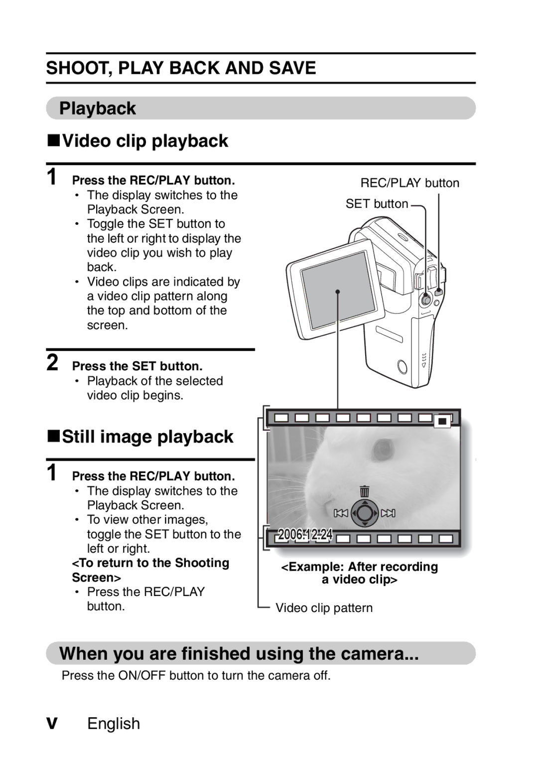 Fisher VPC-CG6EX, VPC-CG6GX SHOOT, Play Back and Save, Playback KVideo clip playback, KStill image playback 