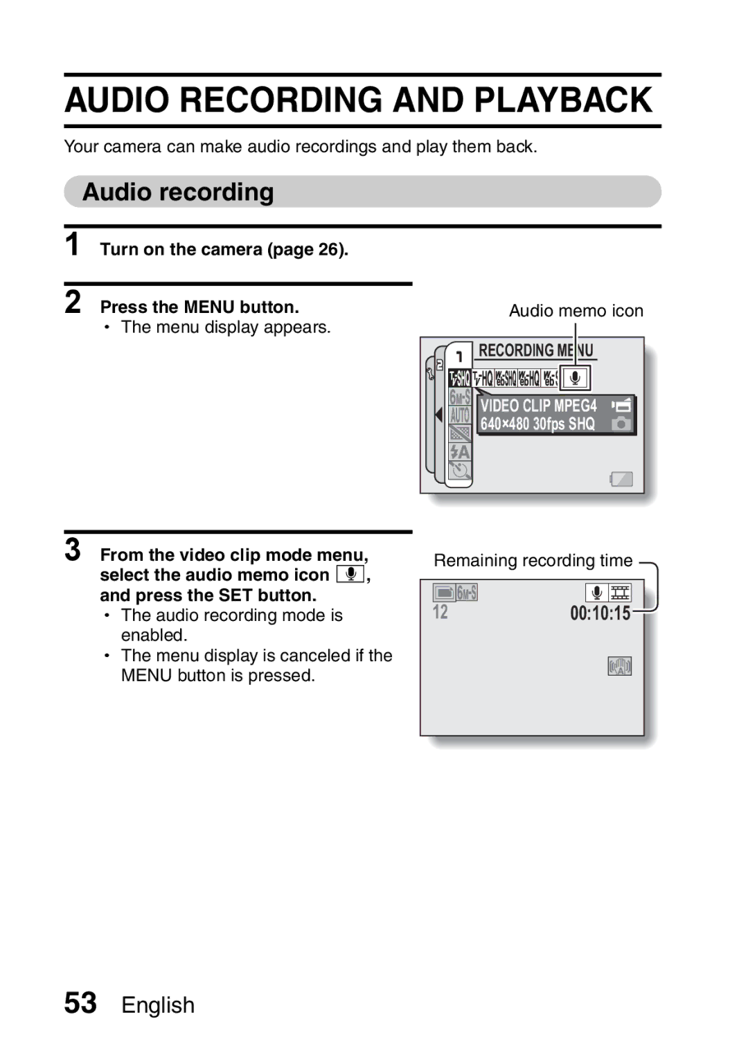 Fisher VPC-CG6GX Audio Recording and Playback, Audio recording, Turn on the camera Press the Menu button Audio memo icon 