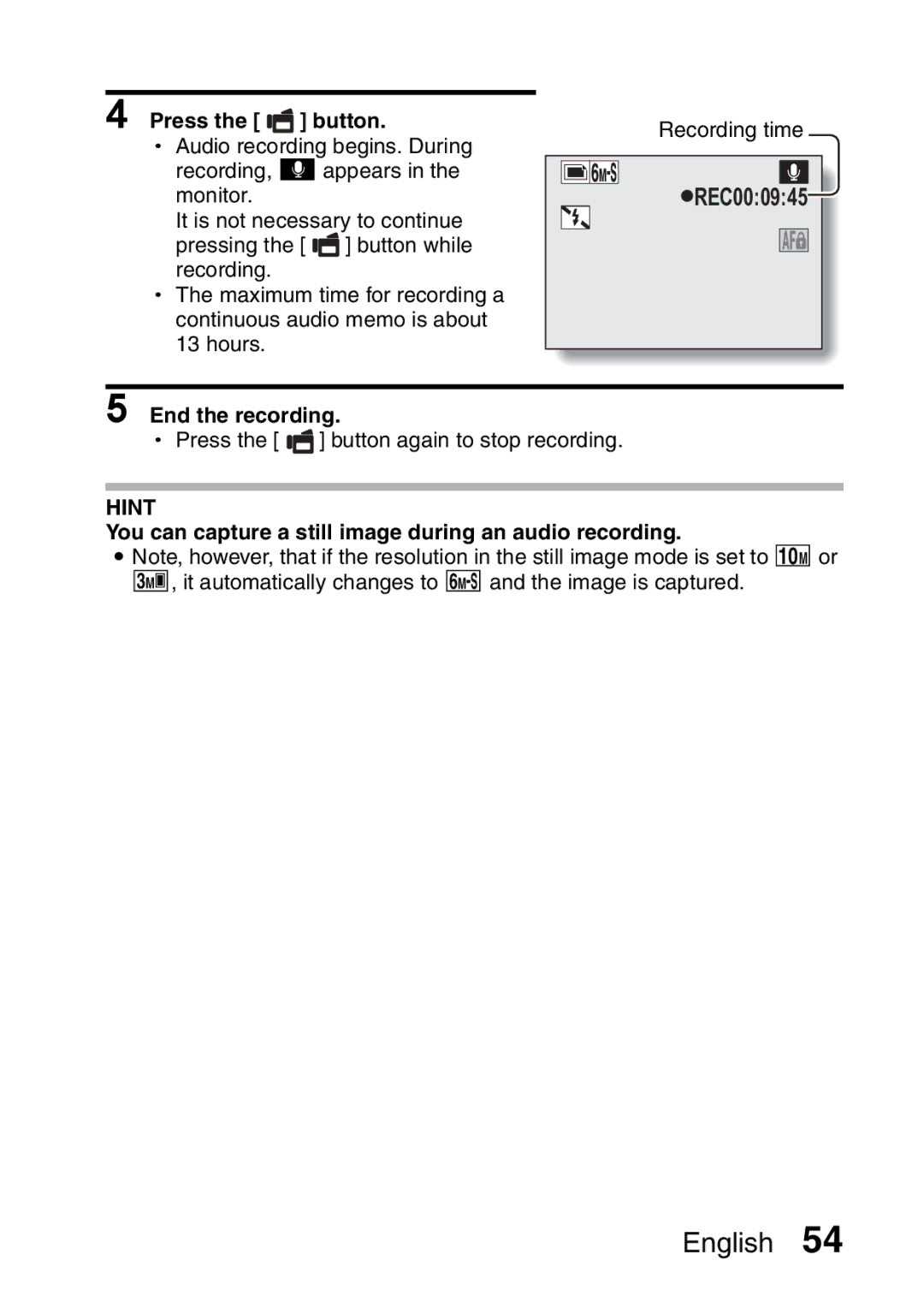 Fisher VPC-CG6EX, VPC-CG6GX instruction manual Press, You can capture a still image during an audio recording 