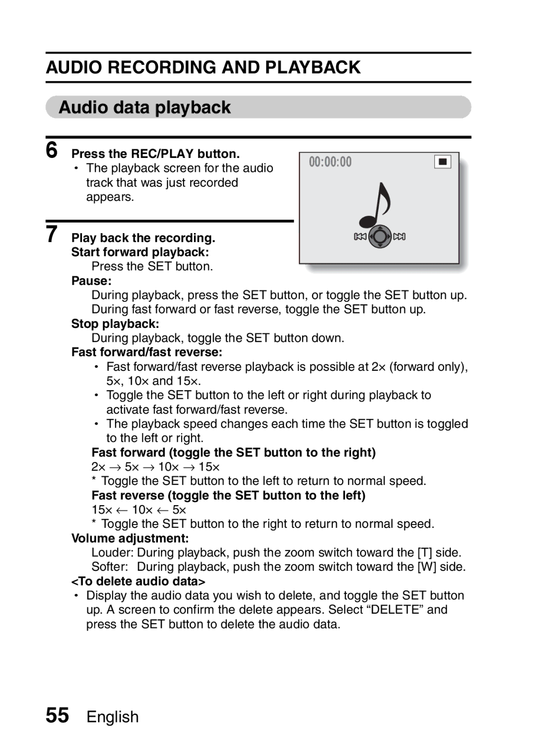 Fisher VPC-CG6EX, VPC-CG6GX instruction manual Audio Recording and Playback, Audio data playback 