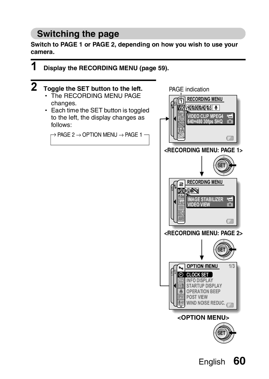 Fisher VPC-CG6EX, VPC-CG6GX instruction manual Switching, Recording Menu, Option Menu 