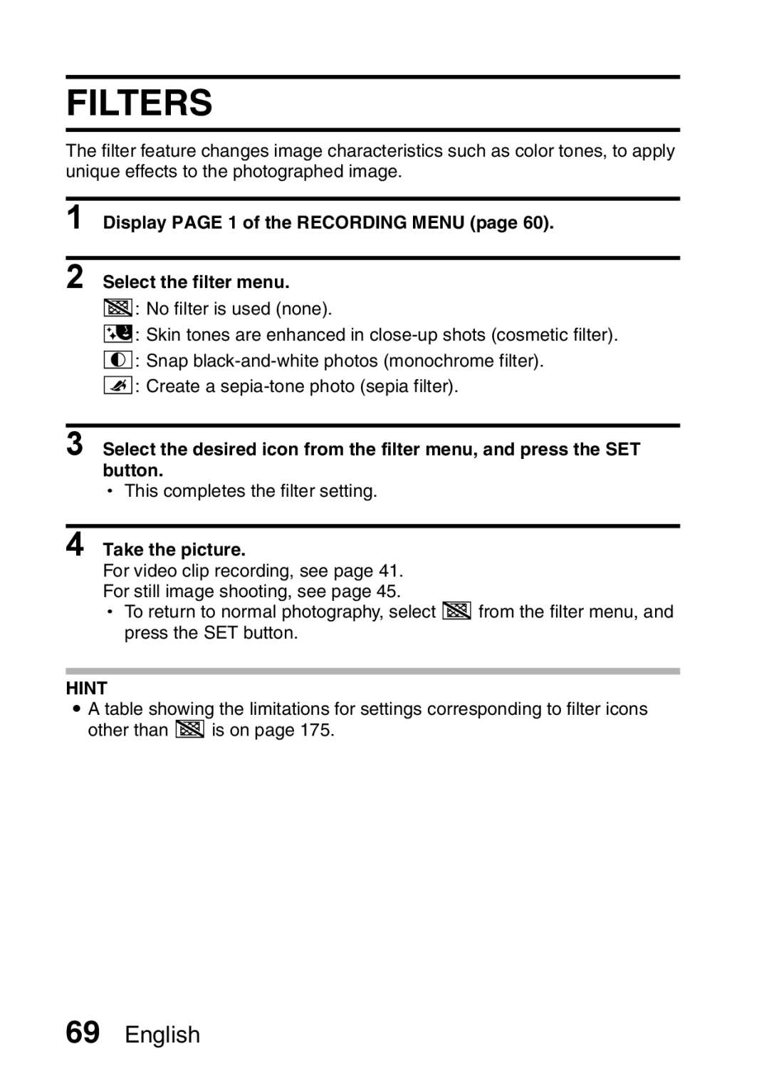 Fisher VPC-CG6EX, VPC-CG6GX instruction manual Filters, Display page 1 of the Recording Menu Select the filter menu 