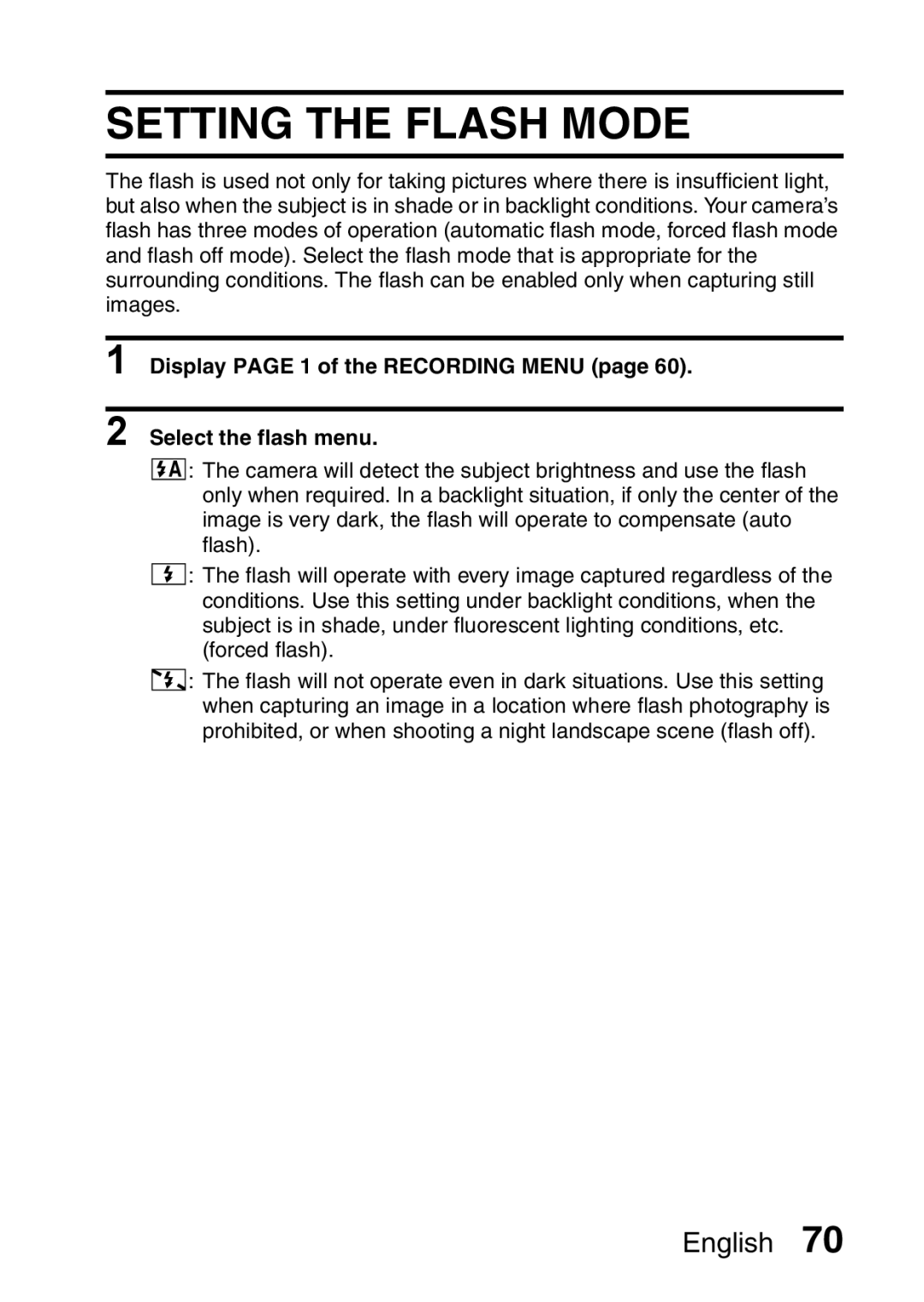 Fisher VPC-CG6EX, VPC-CG6GX Setting the Flash Mode, Display page 1 of the Recording Menu Select the flash menu 