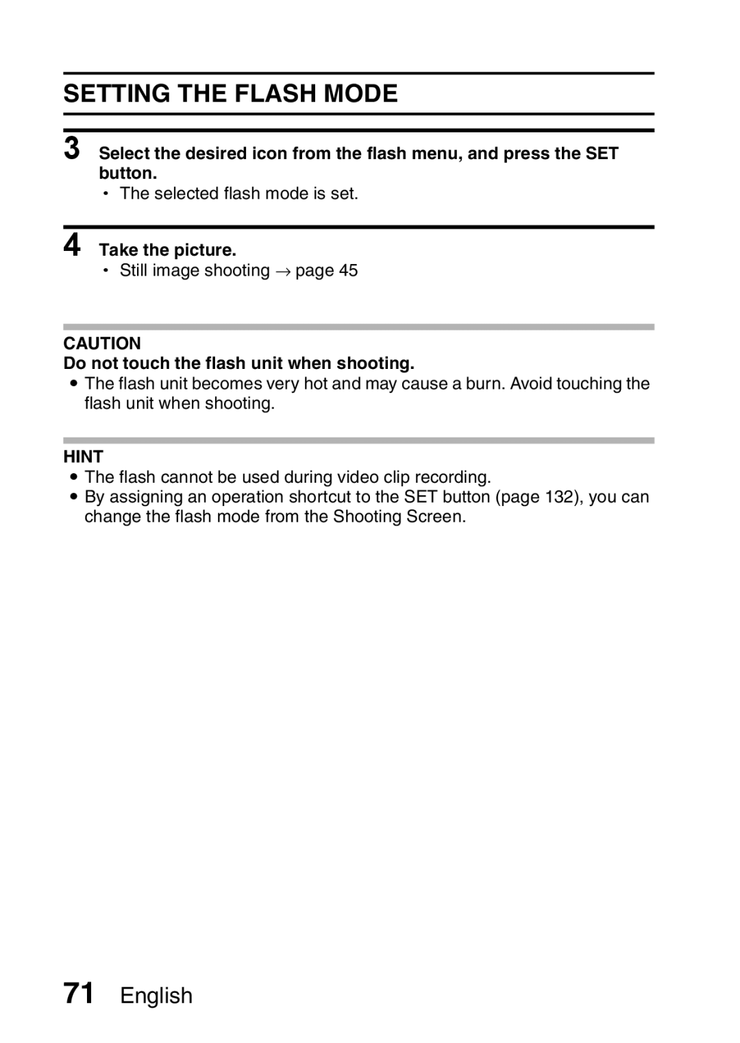 Fisher VPC-CG6GX, VPC-CG6EX instruction manual Setting the Flash Mode, Do not touch the flash unit when shooting 