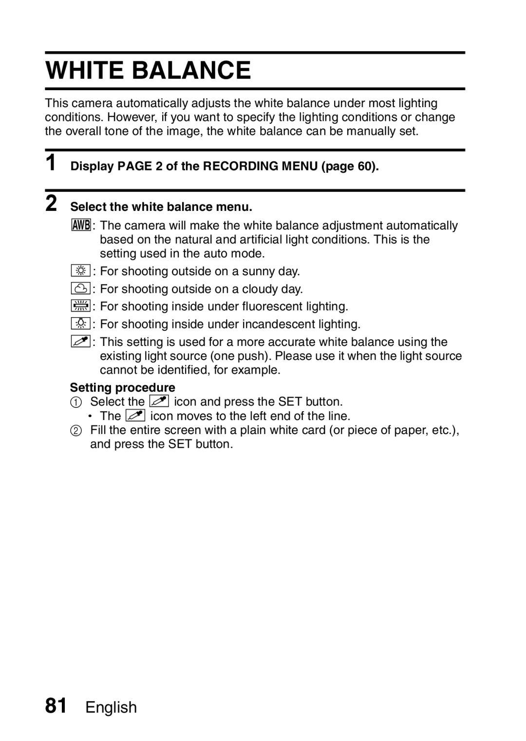 Fisher VPC-CG6EX, VPC-CG6GX instruction manual White Balance, Setting procedure 