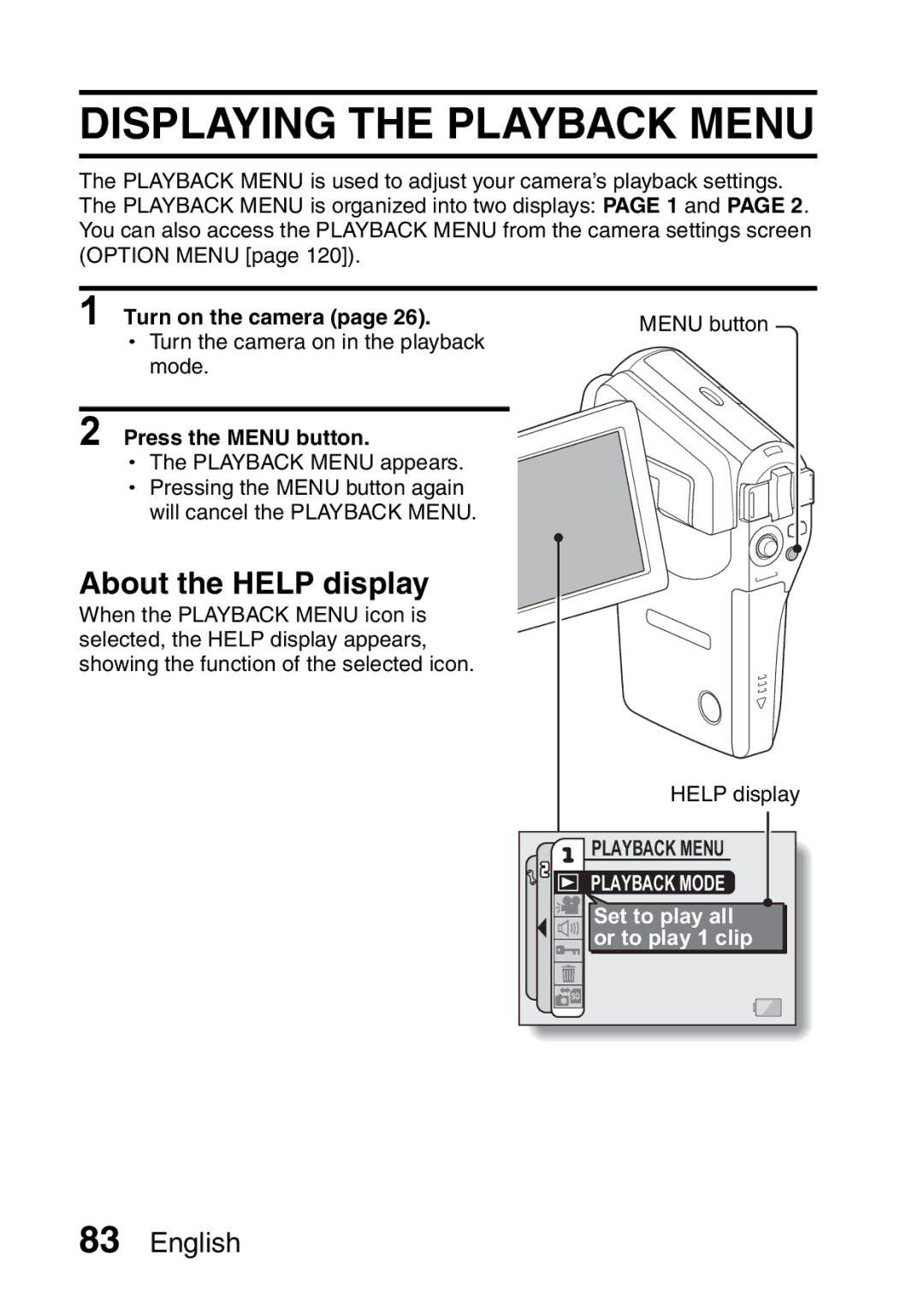 Fisher VPC-CG6GX, VPC-CG6EX instruction manual Displaying the Playback Menu, Playback Mode 