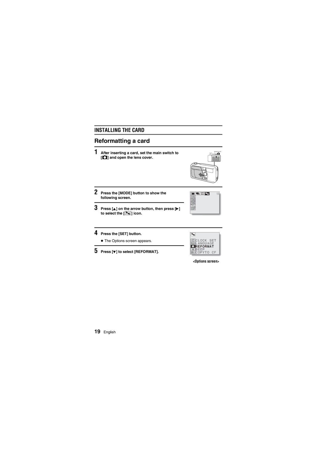 Fisher VPC-R1EX instruction manual Reformatting a card, Press l to select Reformat, Options screen 