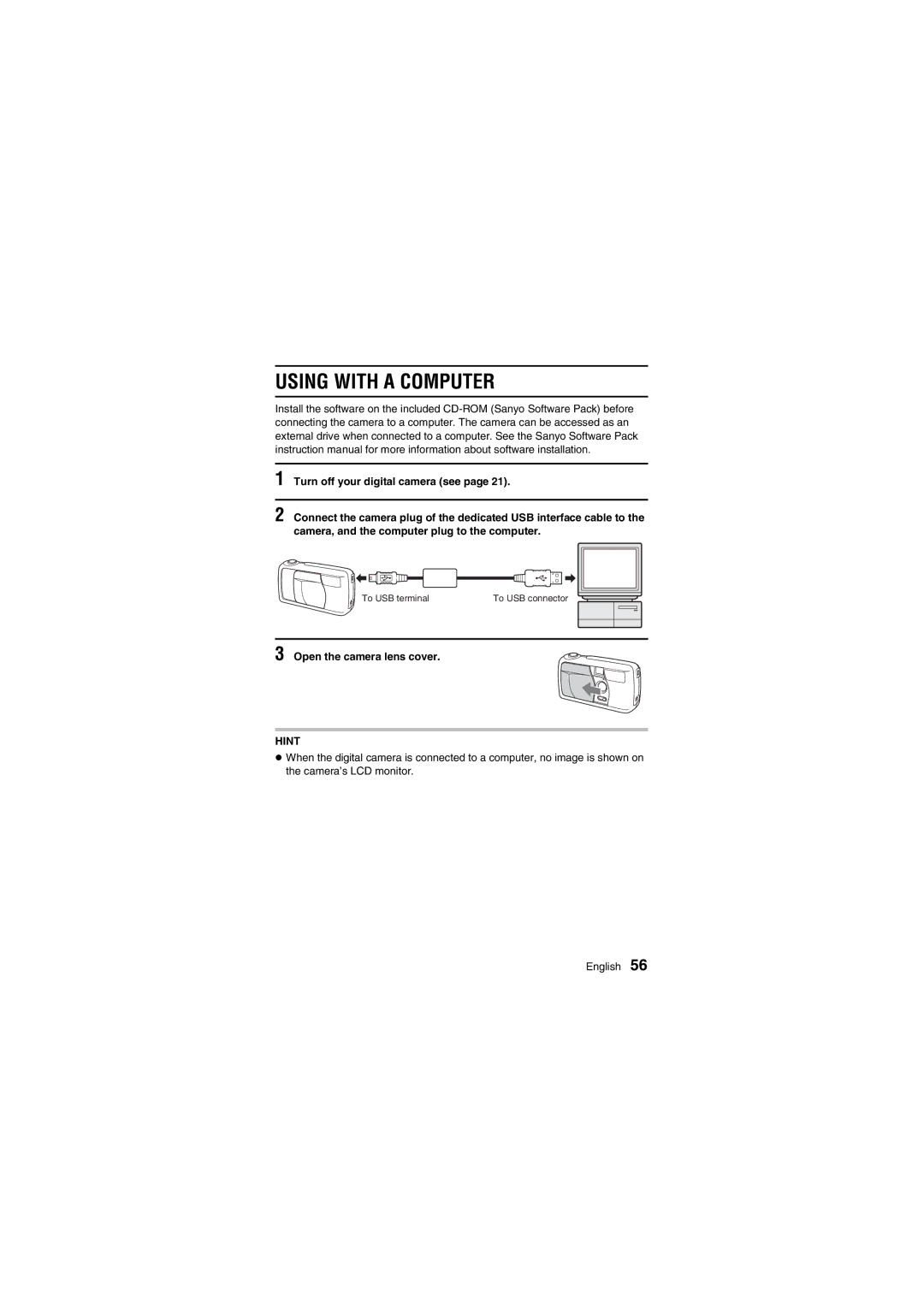 Fisher VPC-R1EX instruction manual Using with a Computer, Open the camera lens cover 